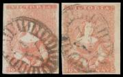 HALF-LENGTHS - THOMAS HAM PRINTINGS: Second State of the Dies (More Colour above 'VICTORIA') 1d red-brown SG 5 two shades, both with margins good to large, the first with a minor stain, the second with a shallow thin, Cat £900.