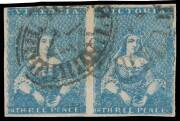HALF-LENGTHS - J.S. CAMPBELL & CO PRINTINGS: 3d blue SG 24 horizontal pair [23-24], margins close to good, Cat &pound;100+. A very fine multiple.