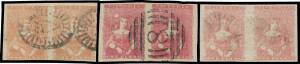 HALF-LENGTHS - CAMPBELL & FERGUSSON PRINTINGS: 1d shades between SG 26 & 28c singles x12, four pairs & a vertical strip of 3, all with full margins & generally very fine, Cat &pound;1600 approximately. (23)