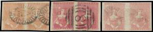 HALF-LENGTHS - CAMPBELL & FERGUSSON PRINTINGS: 1d shades between SG 26 & 28c singles x12, four pairs & a vertical strip of 3, all with full margins & generally very fine, Cat £1600 approximately. (23)