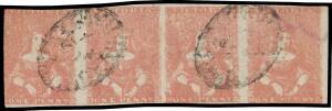 HALF-LENGTHS - CAMPBELL & FERGUSSON PRINTINGS: 1d dull red SG 26b horizontal interpanneau strip of 4 [23-24-19-20], the third & fourth units with Redrawn Lines at the Base, a little cut-into at places, minor stain at upper-right, Cat &pound;440+. The equal-larg