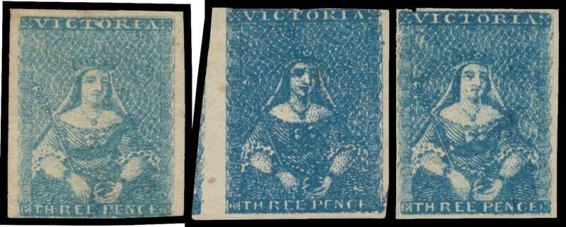 HALF-LENGTHS - CAMPBELL & FERGUSSON PRINTINGS: 3d blue, 3d bright blue & 3d Prussian blue SG 29-31 group, all with virtually full margins, a few faults but quite presentable, unused, Cat £4800 minimum. Ex JRW Purves: removed from Lot 37.