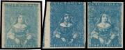 HALF-LENGTHS - CAMPBELL & FERGUSSON PRINTINGS: 3d blue, 3d bright blue & 3d Prussian blue SG 29-31 group, all with virtually full margins, a few faults but quite presentable, unused, Cat £4800 minimum. Ex JRW Purves: removed from Lot 37.