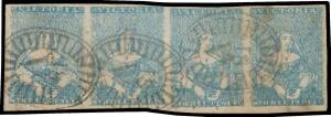 HALF-LENGTHS - CAMPBELL & FERGUSSON PRINTINGS: 3d greenish blue SG 29a horizontal interpanneau strip of 4, margins just clear to large, the third unit with ironed-out vertical crease, light soiling, Barred Oval '18' cancels of Portland, Cat £220++. A very