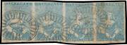 HALF-LENGTHS - CAMPBELL & FERGUSSON PRINTINGS: 3d greenish blue SG 29a horizontal interpanneau strip of 4, margins just clear to large, the third unit with ironed-out vertical crease, light soiling, Barred Oval '18' cancels of Portland, Cat £220++. A very