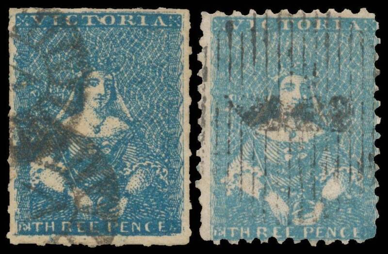 HALF-LENGTHS - 1857 Rouletted 3d bright blue SG 49, a large example with rouletting on all sides; and 1859 Perf 12 by Robinson 3d blue SG 78 three examples, various '1' cancels of Melbourne, Cat £670. (4)