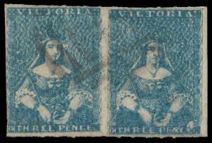 HALF-LENGTHS - 1857 Rouletted 3d bright blue SG 49 horizontal pair with rouletting at top & base and imperf vertically, light BN cancel, Cat £500+.