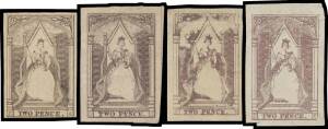 QUEEN-ON-THRONES - Selection of lithographs comprising Campbell & Co from Stones 2 x2 (both three margins), 6, 7 & 8, and Campbell & Fergusson from Stones A, B (pair significantly cut-into) & D, four with full margins (the Stone 8 being an unusually large
