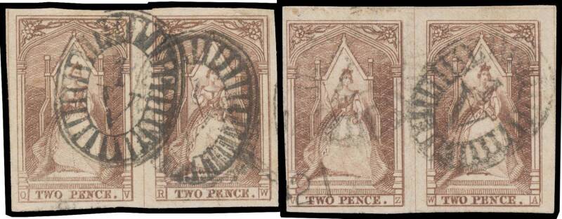 QUEEN-ON-THRONES - ENGRAVED BY THOMAS HAM: 2d reddish brown & purple-brown SG 18 & 18b, page of used examples with full margins including two pairs & an enormous [M-R] single with outer framelines on all sides, generally very fine, also a damaged "chestn