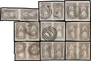 QUEEN-ON-THRONES - LITHOGRAPHED BY CAMPBELL & CO: Plated examples from Stone 2 x37 including pairs x9 (one vertical), Stone 3 x13 including two pairs (one vertical, damaged but with Kiss Print at Right), Stone 4 x5, Stone 5 x8 including a pair, Stone 6 x1