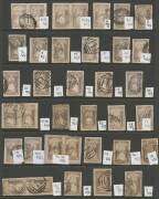 QUEEN-ON-THRONES - LITHOGRAPHED BY CAMPBELL & CO: Plated examples from Stone 2 x37 including pairs x9 (one vertical), Stone 3 x13 including two pairs (one vertical, damaged but with Kiss Print at Right), Stone 4 x5, Stone 5 x8 including a pair, Stone 6 x1 - 5