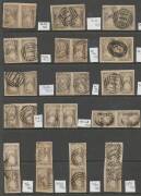QUEEN-ON-THRONES - LITHOGRAPHED BY CAMPBELL & CO: Plated examples from Stone 2 x37 including pairs x9 (one vertical), Stone 3 x13 including two pairs (one vertical, damaged but with Kiss Print at Right), Stone 4 x5, Stone 5 x8 including a pair, Stone 6 x1 - 7