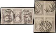 QUEEN-ON-THRONES - LITHOGRAPHED BY CAMPBELL & CO: Page of horizontal multiples comprising Stone 3 (ii) strip of 3 [Pos 2-4] & strip of 4 [Pos 37-40]; Stone 4 (ii) strip of 3 [Pos 8-10], scissor-cut in margin at right otherwise superb; Stone 7 (ii) block o