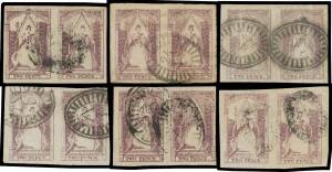 QUEEN-ON-THRONES - LITHOGRAPHED BY CAMPBELL & FERGUSSON: Plated examples from Stone A x37 including pairs x16 (two vertical), Stone B x29 including pairs x11 (three vertical), Stone C x38 including pairs x14 (two vertical), and Stone D x21 including pairs