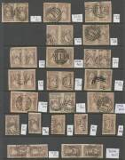 QUEEN-ON-THRONES - LITHOGRAPHED BY CAMPBELL & FERGUSSON: Plated examples from Stone A x37 including pairs x16 (two vertical), Stone B x29 including pairs x11 (three vertical), Stone C x38 including pairs x14 (two vertical), and Stone D x21 including pairs - 3