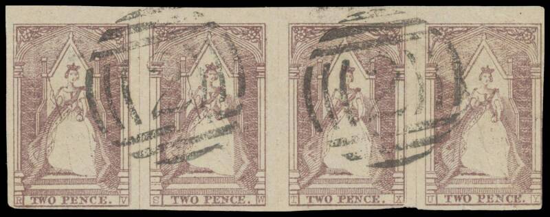 QUEEN-ON-THRONES - LITHOGRAPHED BY CAMPBELL & FERGUSSON: Page of horizontal multiples comprising Stone A (i) strip of 4 [Pos 33-36], just shaved at upper-right, and (iv) strip of 4 [Pos 17-20]; Stone B (i) strip of 4 [Pos 21-24], ironed-out horizontal cre