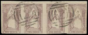 QUEEN-ON-THRONES - LITHOGRAPHED BY CAMPBELL & FERGUSSON: Page of horizontal multiples comprising Stone A (i) strip of 4 [Pos 33-36], just shaved at upper-right, and (iv) strip of 4 [Pos 17-20]; Stone B (i) strip of 4 [Pos 21-24], ironed-out horizontal cre