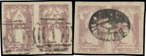 QUEEN-ON-THRONES - LITHOGRAPHED BY CAMPBELL & FERGUSSON: Creased Transfers group comprising Stone A (i) [Pos 30] & [Pos 38]; and Stone C (ii) [Pos 9], [Pos 17-18] two pairs in different shades, [Pos 18], [Pos 40] & [Pos 48], all with full margins, some mi