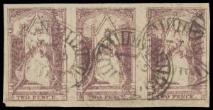 QUEEN-ON-THRONES - LITHOGRAPHED BY CAMPBELL & FERGUSSON: Stone C (ii) horizontal strip of 3 [Pos 17-19] all three units are Creased Transfers, [18] with 'TVVO PENCE', margins good to large, minor creasing. A significant positional piece.