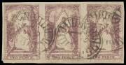 QUEEN-ON-THRONES - LITHOGRAPHED BY CAMPBELL & FERGUSSON: Stone C (ii) horizontal strip of 3 [Pos 17-19] all three units are Creased Transfers, [18] with 'TVVO PENCE', margins good to large, minor creasing. A significant positional piece.