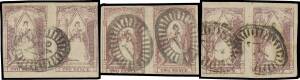 QUEEN-ON-THRONES - LITHOGRAPHED BY CAMPBELL & FERGUSSON: Stone C Substituted Transfers on Pane (iv) three horizontal pairs comprising 1) [T-X & M-Q] Pos 19-12, margins close to large, light ironed-out crease; 2) [D-I & W-A] Pos 29-22, margins close to lar