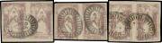 QUEEN-ON-THRONES - LITHOGRAPHED BY CAMPBELL & FERGUSSON: Stone C Substituted Transfers on Pane (iv) three horizontal pairs comprising 1) [T-X & M-Q] Pos 19-12, margins close to large, light ironed-out crease; 2) [D-I & W-A] Pos 29-22, margins close to lar