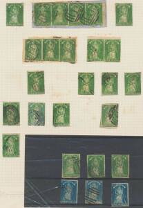 QUEEN-ON-THRONES - PERKINS BACON: Old-time album pages with Imperf 1d green x23 including marginal pair and strips of 3 & 4, and Rouletted 6d x55 including two pairs, condition variable, Cat £2000 approximately. (72)