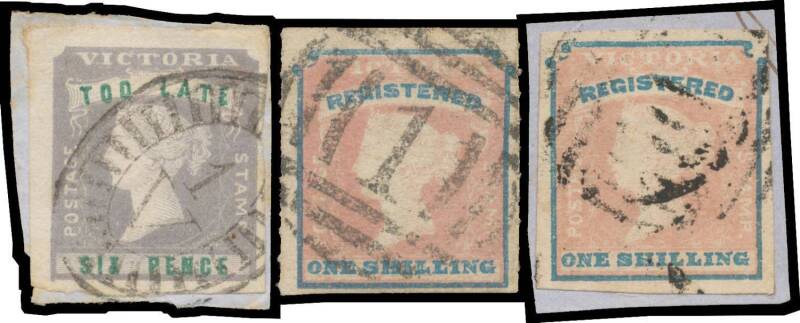 WOODBLOCKS - 1854-55 Imperforate 6d 'TOO LATE' x2 (one on piece) & 1/- 'REGISTERED' x8 (one on piece), all with full margins, also Rouletted 1/- 'REGISTERED' SG 55 rouletted at left & right clear of the design, mostly fine to very fine, Cat £2500. (11)