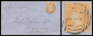 WOODBLOCKS - 1857 Experimental Separations 6d orange Serrated 18-19 SG 60 with serrations except at right tied to late-1857 cover to Scotland "p City of Sydney" by light BN '1' of Melbourne, 'GOUROCK/JA14/1858' arrival b/s. "City of Sydney" departed Melbo