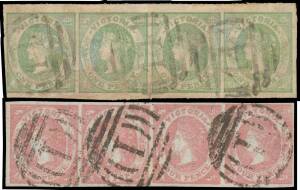 EMBLEMS - Packet of auction lots on pages etc as acquired as long ago as the 1960s with very little removed, many multiples including Imperf 1d strips of 4 x4, 4d "offset" & 4d very fine strip of 4, Rouletted 2d strip of 4 & block of 4, Perf 12 1d strips 