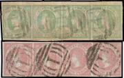 EMBLEMS - Packet of auction lots on pages etc as acquired as long ago as the 1960s with very little removed, many multiples including Imperf 1d strips of 4 x4, 4d "offset" & 4d very fine strip of 4, Rouletted 2d strip of 4 & block of 4, Perf 12 1d strips