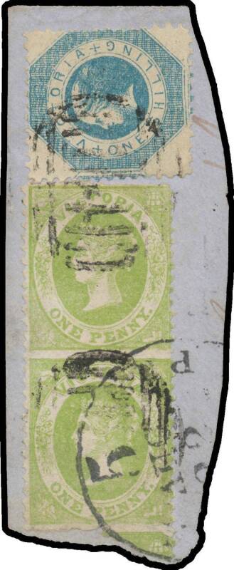 EMBLEMS - 1859 Perf 12 by Robinson 1d yellow-green vertical pair Imperforate Horizontally SG 76a, separated clear of the design at top & base, with 1/- Octagonal all tied to piece by indistinct BN & American arrival cds, grossly undercatalogued at £450. [