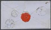 EMBLEMS - 1859 Perf 12 by Robinson 4d dull rose-red SG 80 with Prominent Diagonal Feather Flaw - a very rare, apparently unique franking - tied to cover by light BN '48' clear of the variety, light 'HAWTHORNE/[crown]/AP14/1859/VICTORIA' b/s, Melbourne tra - 2