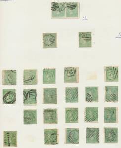 LAUREATES - Old-time studies of the 1d green & 2d lilac/grey on annotated pages including shades, emergency watermarks, a few multiples & varieties. Ex Colonel Harrie Evans (postmarks removed). (500 approx)