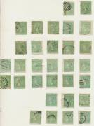 LAUREATES - Old-time studies of the 1d green & 2d lilac/grey on annotated pages including shades, emergency watermarks, a few multiples & varieties. Ex Colonel Harrie Evans (postmarks removed). (500 approx) - 2