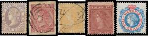 LAUREATES - Bundle of old auction lots - some from the 1960s! - with many better stamps including 3d mauve x15 (two unused), 8d orange x2, 8d brown/pink Wmk '10' mint, 10d grey x3 and 5/- red & blue unused, also 2d Wmk '2' part-reconstruction of 94/120 po