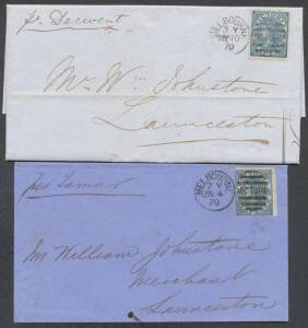 LAUREATES - SIX PENCE: 1867-70 Emergency Printings on Saunders Paper with 'THREE/PENCE' or 'FOUR/PENCE' Watermarks SG 165 & 166 (stated to be the earliest recorded usage on cover) tied by Melbourne duplexes to covers to Launceston. Very scarce frankings. 