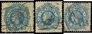 LAUREATES - FIVE SHILLINGS: 1867-71 Perf 13 5/- blue/yellow SG 139, three examples (one an unusually large stamp), Melbourne duplex cancels, Cat &pound;1275.