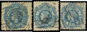 LAUREATES - FIVE SHILLINGS: 1867-71 Perf 13 5/- blue/yellow SG 139, three examples (one an unusually large stamp), Melbourne duplex cancels, Cat &pound;1275.