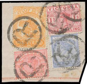 1884-1900 THE POSTAGE AND REVENUE PERIOD - Postally used group comprising Stamp Statute 3d mauve with Ballarat duplex (rare but faults), Large Stamp Duty 1d brown pair, 1/-, 2/6d, 3/- drab, 4/-, 5/- maroon/yellow, 5/- rosine on piece, 6/- pair, £1 x5 incl