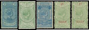 1884-1900 THE POSTAGE AND REVENUE PERIOD - 1884 Stamp Statute Wmk '2' 2/- SG 217 (creased), Wmk V/Crown 1d with the Watermark Upright SG 220a & 5/- SG 227, and '½d./HALF' on 1d SG 234 x2, large-part o.g., Cat £1280. Scarce to rare (the 5/-).