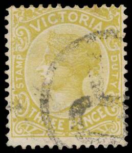 1884-1900 THE POSTAGE AND REVENUE PERIOD - 1885-95 Wmk '33' 3d bistre-yellow as SG 299b but with the Watermark Sideways, 'R'-in-circle cancel. An unrecognised rarity. Ex Colonel Harrie Evans. [Unlisted by Gibbons and unrecorded by Geoff Kellow for 3d in a