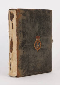 ANTIQUE PHOTOGRAPH ALBUM: Green leather bound with title in regimental crest on the front cover "1st VOL. BATT. P.W.O. YORKSHIRE REGIMENT" monogrammed with crown dated 1875. Dedicated hand decorated illuminated title page "Capt.W.A.Chauncy. Should Auld Ac