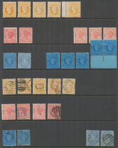 1884-1900 THE POSTAGE AND REVENUE PERIOD - 1885 'STAMP DUTY' Overprints selection comprising 3d brown-orange x2, 3d dull brownish orange x3, 4d rose-red x2 & 1895 reprint x3, 1/- & 1895 reprint with the Watermark Inverted x5 including a marginal pair, an