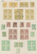 1901-12 COMMONWEALTH PERIOD ISSUES - Old-time album pages with many mint blocks of 4 including 2&frac12;d x5, 3d x5, 4d x2, 5d x2, 6d x2, 9d & 2/-, other mint singles etc to 5/- x3, also lots of used material to 5/- x2, generally fine to very fine. Ex AE Layton. - 4