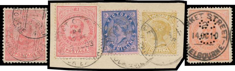 1901-12 COMMONWEALTH PERIOD ISSUES - 1901-10 V/Crown KEVII One Pound Perf 12½ + 4d & 2/- on linen-backed parcel piece, Perf 11 with 'REGISTERED/ MELBOURNE' cds and Crown/A Perf 12½ punctured 'OS' with superb 'MARKET STREET/ 2 /MELBOURNE' cds, BW Cat $900.