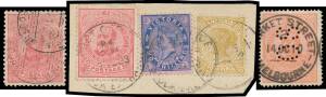 1901-12 COMMONWEALTH PERIOD ISSUES - 1901-10 V/Crown KEVII One Pound Perf 12½ + 4d & 2/- on linen-backed parcel piece, Perf 11 with 'REGISTERED/ MELBOURNE' cds and Crown/A Perf 12½ punctured 'OS' with superb 'MARKET STREET/ 2 /MELBOURNE' cds, BW Cat $900.