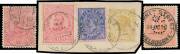 1901-12 COMMONWEALTH PERIOD ISSUES - 1901-10 V/Crown KEVII One Pound Perf 12&frac12; + 4d & 2/- on linen-backed parcel piece, Perf 11 with 'REGISTERED/ MELBOURNE' cds and Crown/A Perf 12&frac12; punctured 'OS' with superb 'MARKET STREET/ 2 /MELBOURNE' cds, BW Cat $900.