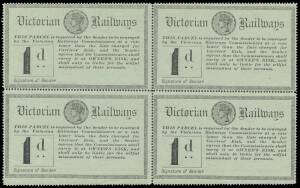 RAILWAY STAMPS - 1882 &frac12;d purple/yellow block of 4 ** plus used 3d 6d & 1/-, 1887 1d black/pale green block of 4 **, 1960s 5/- on piece from parcel tag, Decimals range including $5 two blocks of 4, Tramways Board 2d x3 3d x2 & 4d x2 plus 10c 15c & 20c, a p