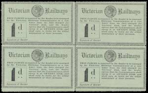 RAILWAY STAMPS - 1882 ½d purple/yellow block of 4 ** plus used 3d 6d & 1/-, 1887 1d black/pale green block of 4 **, 1960s 5/- on piece from parcel tag, Decimals range including $5 two blocks of 4, Tramways Board 2d x3 3d x2 & 4d x2 plus 10c 15c & 20c, a p